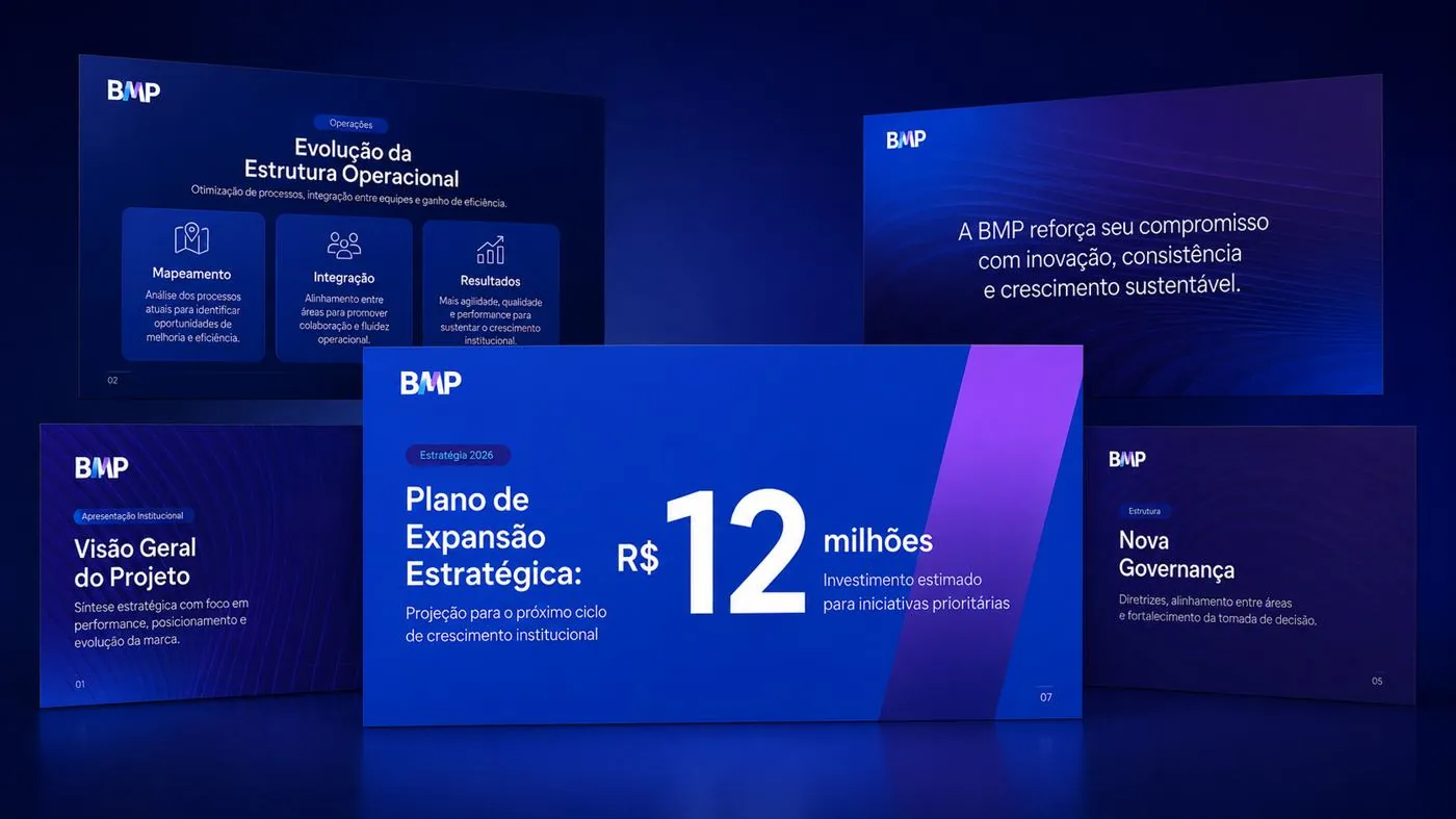 Apresentação institucional da BMP com hierarquia visual estratégica